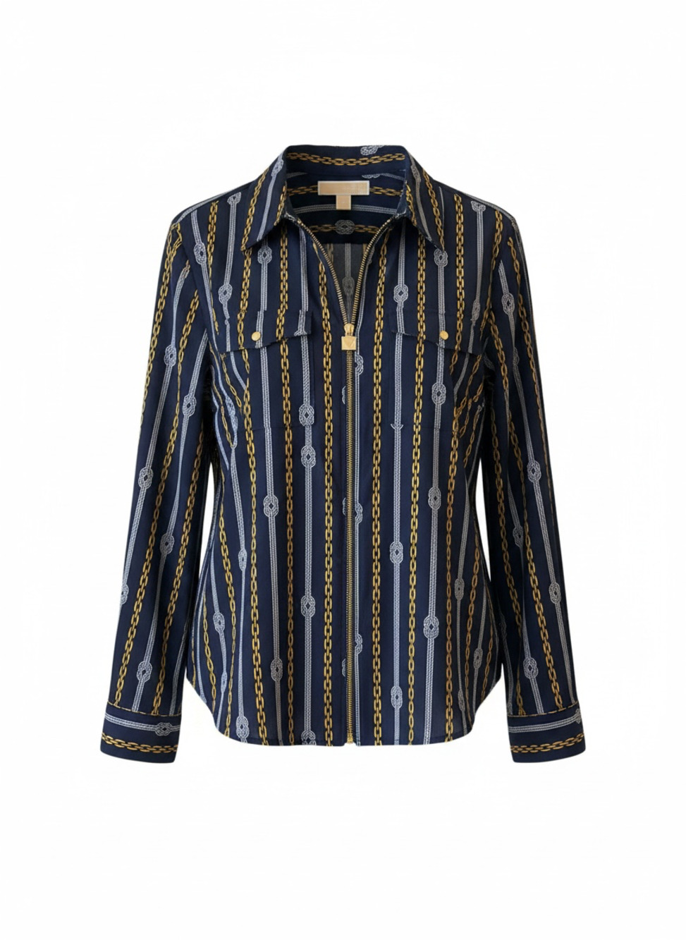 Michael Kors Navy Blue and Gold Chain Print Zip- Up Blouse